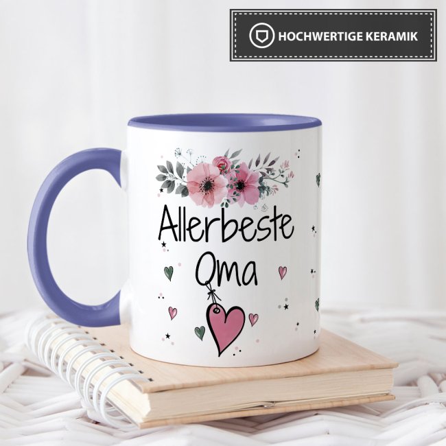 Tasse mit sch&ouml;nem Blumenmotiv - Allerbeste Oma - Innen &amp; Henkel Cambridge Blau