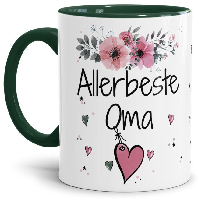 Tasse mit sch&ouml;nem Blumenmotiv - Allerbeste Oma - Innen &amp; Henkel Dunkelgr&uuml;n