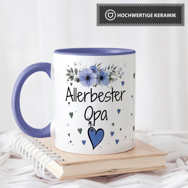 Tasse mit sch&ouml;nem Blumenmotiv - Allerbester Opa - Innen &amp; Henkel Cambridge Blau