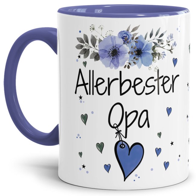 Tasse mit sch&ouml;nem Blumenmotiv - Allerbester Opa - Innen &amp; Henkel Cambridge Blau