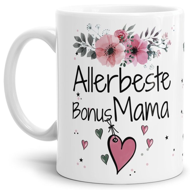 Tasse mit sch&ouml;nem Blumenmotiv - Allerbeste Bonus Mama - Wei&szlig;