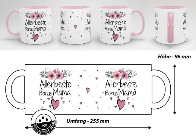 Tasse mit sch&ouml;nem Blumenmotiv - Allerbeste Bonus Mama - Innen &amp; Henkel Rosa
