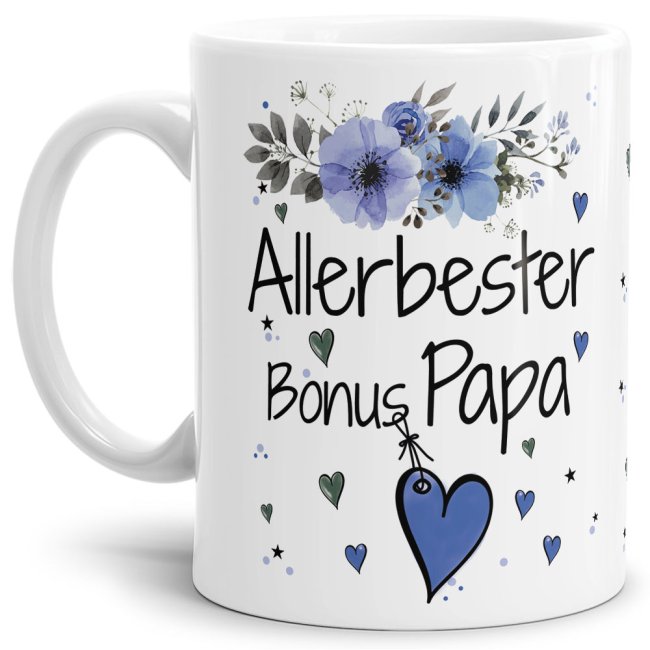 Tasse mit sch&ouml;nem Blumenmotiv - Allerbester Bonus Papa - Wei&szlig;
