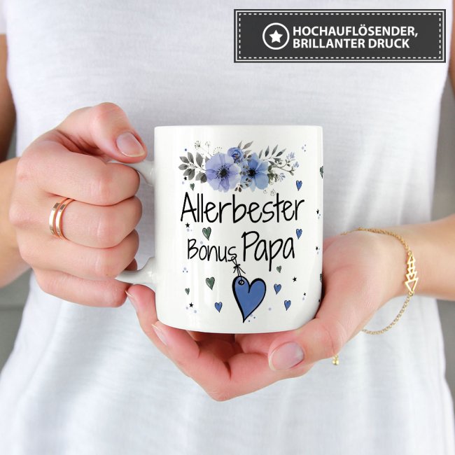 Tasse mit sch&ouml;nem Blumenmotiv - Allerbester Bonus Papa - Wei&szlig;