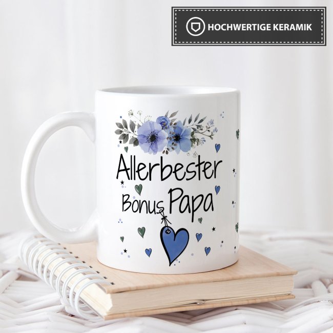 Tasse mit sch&ouml;nem Blumenmotiv - Allerbester Bonus Papa - Wei&szlig;