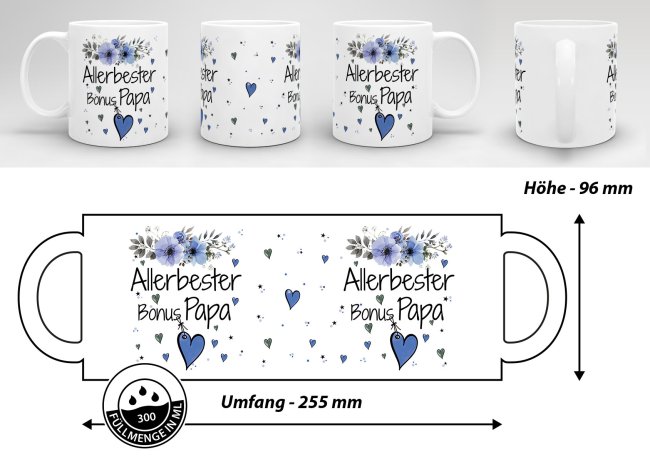 Tasse mit sch&ouml;nem Blumenmotiv - Allerbester Bonus Papa - Wei&szlig;