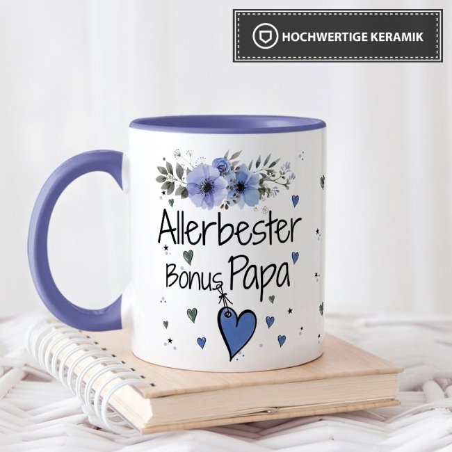 Tasse mit sch&ouml;nem Blumenmotiv - Allerbester Bonus Papa - Innen &amp; Henkel Cambridge Blau