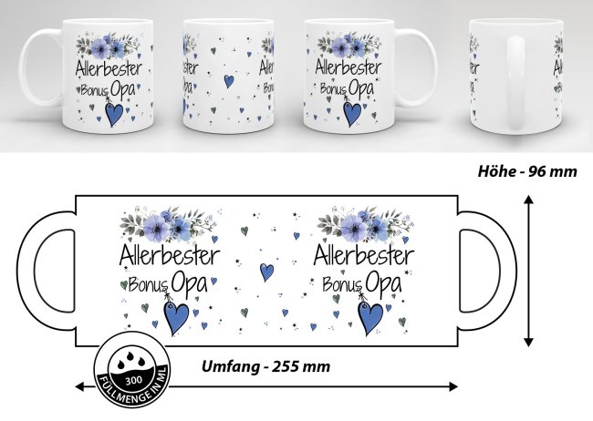 Tasse mit sch&ouml;nem Blumenmotiv - Allerbester Bonus Opa - Wei&szlig;