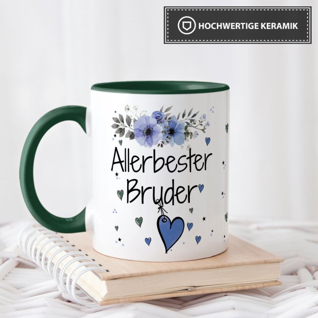 Tasse mit sch&ouml;nem Blumenmotiv - Allerbester Bruder - Innen &amp; Henkel Dunkelgr&uuml;n