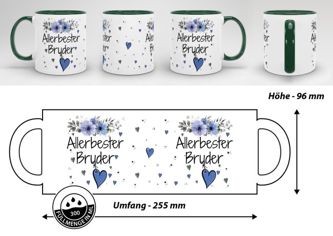 Tasse mit sch&ouml;nem Blumenmotiv - Allerbester Bruder - Innen &amp; Henkel Dunkelgr&uuml;n