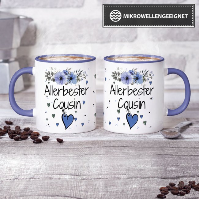Tasse mit sch&ouml;nem Blumenmotiv - Allerbester Cousin - Innen &amp; Henkel Cambridge Blau