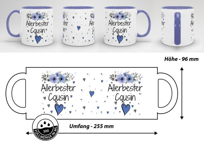 Tasse mit sch&ouml;nem Blumenmotiv - Allerbester Cousin - Innen &amp; Henkel Cambridge Blau