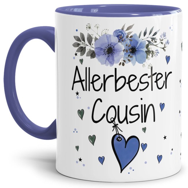 Tasse mit sch&ouml;nem Blumenmotiv - Allerbester Cousin - Innen &amp; Henkel Cambridge Blau