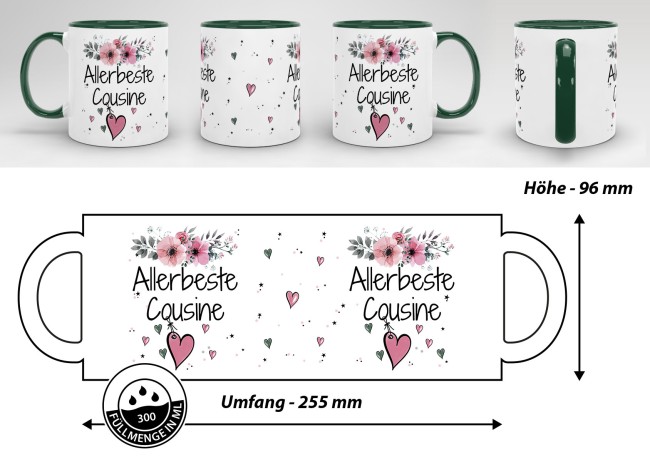 Tasse mit sch&ouml;nem Blumenmotiv - Allerbeste Cousine - Innen &amp; Henkel Dunkelgr&uuml;n