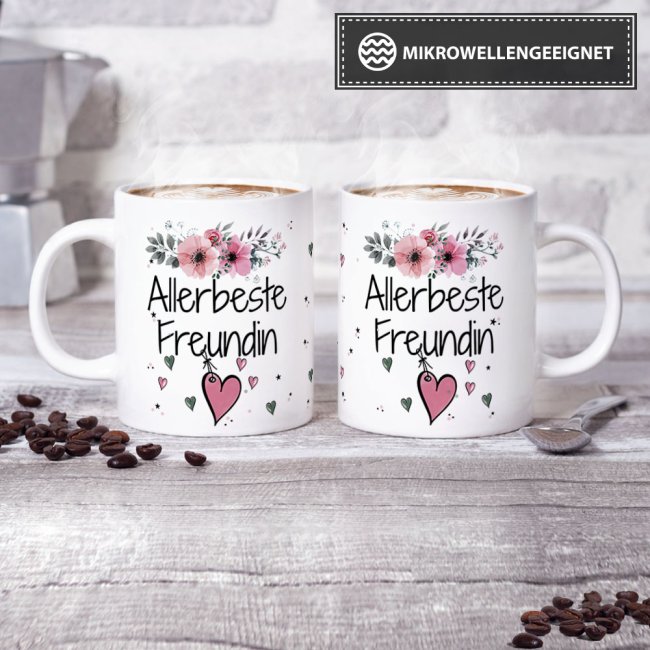 Tasse mit sch&ouml;nem Blumenmotiv - Allerbeste Freundin - Wei&szlig;