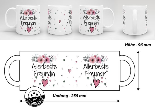 Tasse mit sch&ouml;nem Blumenmotiv - Allerbeste Freundin - Wei&szlig;