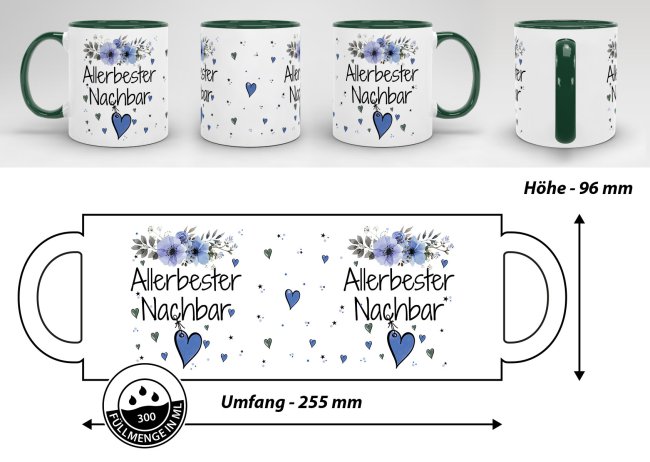 Tasse mit sch&ouml;nem Blumenmotiv - Allerbester Nachbar - Innen &amp; Henkel Dunkelgr&uuml;n