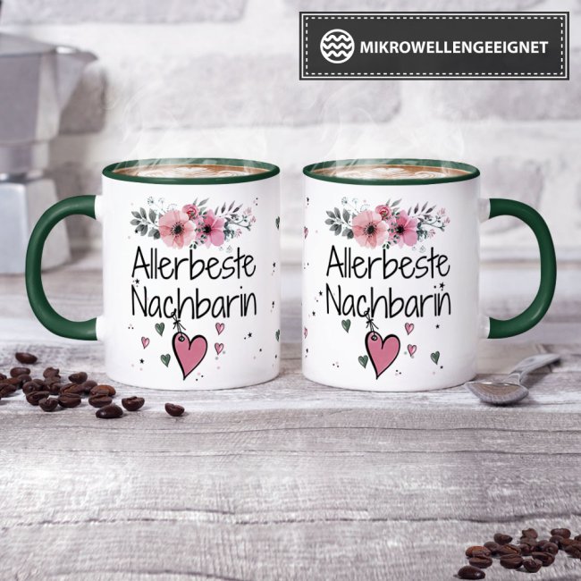 Tasse mit sch&ouml;nem Blumenmotiv - Allerbeste Nachbarin - Innen &amp; Henkel Dunkelgr&uuml;n