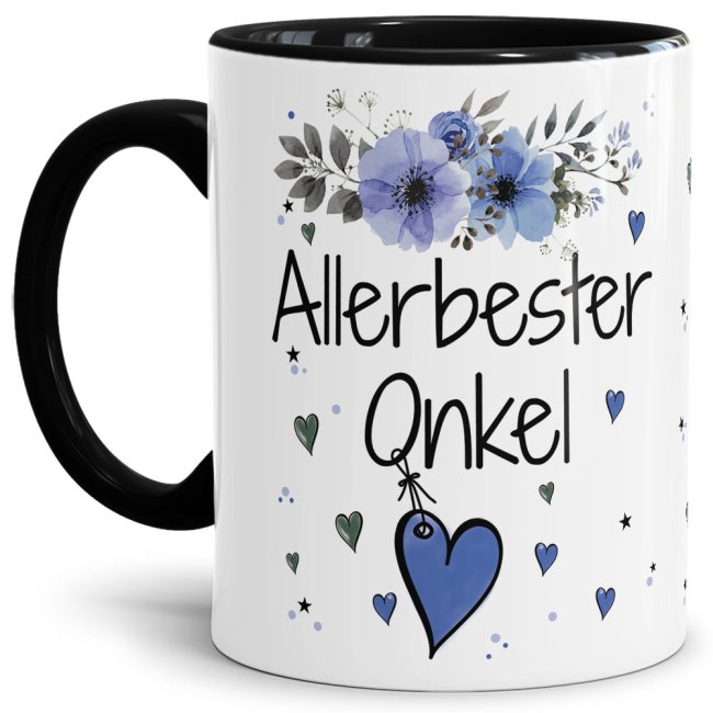 Tasse mit sch&ouml;nem Blumenmotiv - Allerbester Onkel - Innen &amp; Henkel Schwarz