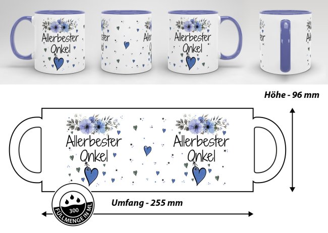 Tasse mit sch&ouml;nem Blumenmotiv - Allerbester Onkel - Innen &amp; Henkel Cambridge Blau