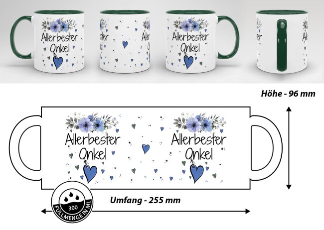 Tasse mit sch&ouml;nem Blumenmotiv - Allerbester Onkel - Innen &amp; Henkel Dunkelgr&uuml;n