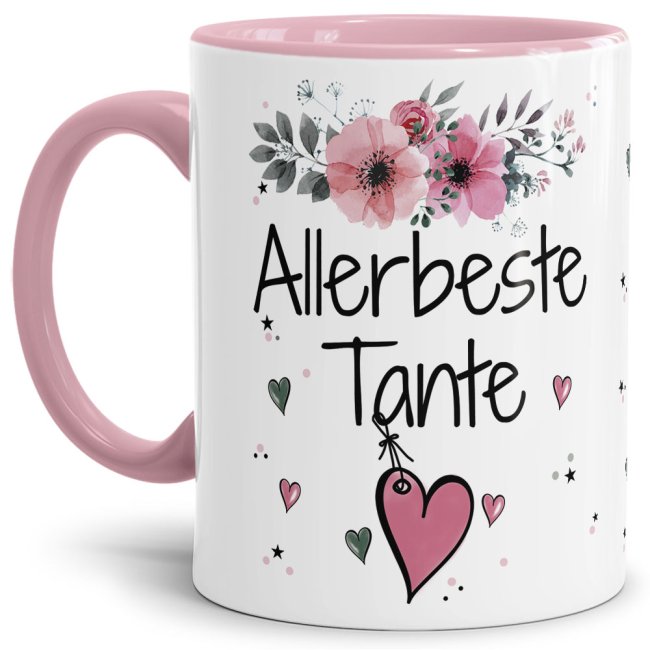 Tasse mit sch&ouml;nem Blumenmotiv - Allerbeste Tante - Innen &amp; Henkel Rosa