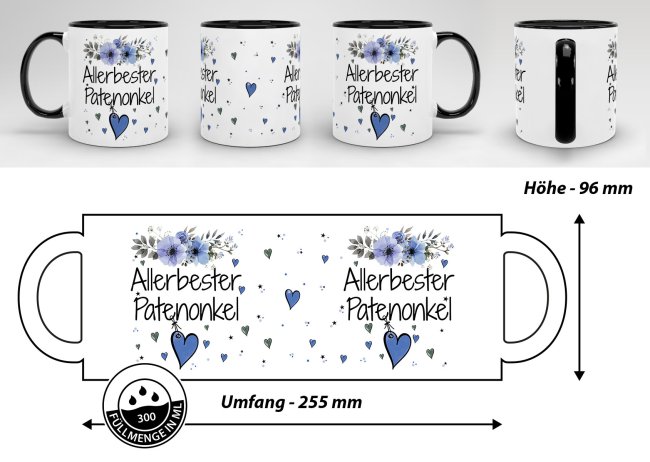 Tasse mit sch&ouml;nem Blumenmotiv - Allerbester Patenonkel - Innen &amp; Henkel Schwarz