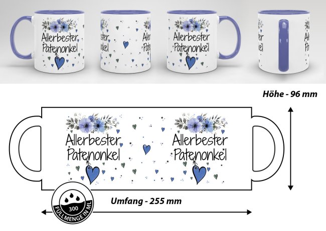 Tasse mit sch&ouml;nem Blumenmotiv - Allerbester Patenonkel - Innen &amp; Henkel Cambridge Blau