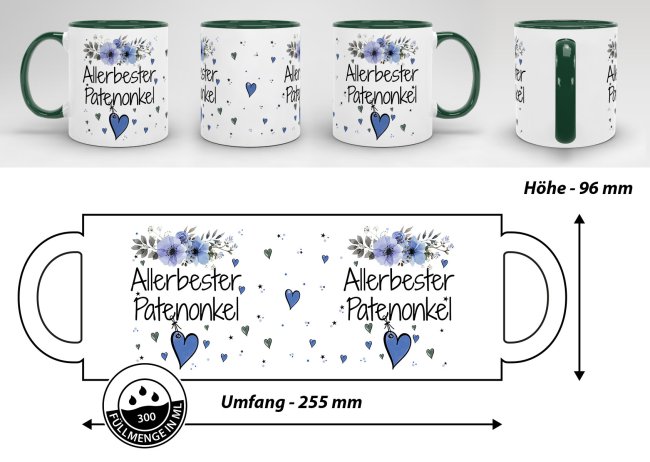 Tasse mit sch&ouml;nem Blumenmotiv - Allerbester Patenonkel - Innen &amp; Henkel Dunkelgr&uuml;n
