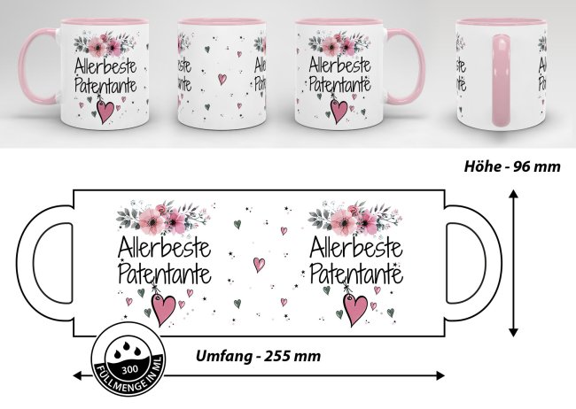 Tasse mit sch&ouml;nem Blumenmotiv - Allerbeste Patentante - Innen &amp; Henkel Rosa