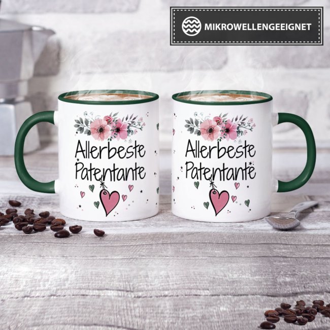 Tasse mit sch&ouml;nem Blumenmotiv - Allerbeste Patentante - Innen &amp; Henkel Dunkelgr&uuml;n