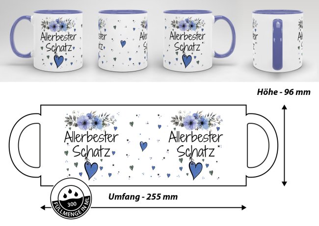 Tasse mit sch&ouml;nem Blumenmotiv - Allerbester Schatz blau - Innen &amp; Henkel Cambridge Blau