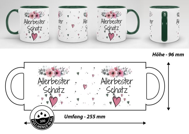 Tasse mit sch&ouml;nem Blumenmotiv - Allerbester Schatz rosa - Innen &amp; Henkel Dunkelgr&uuml;n