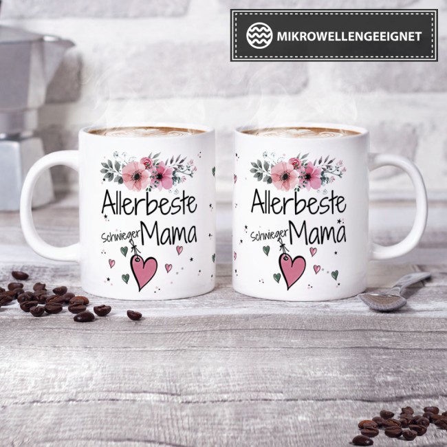 Tasse mit sch&ouml;nem Blumenmotiv - Allerbeste Schwiegermama - Wei&szlig;