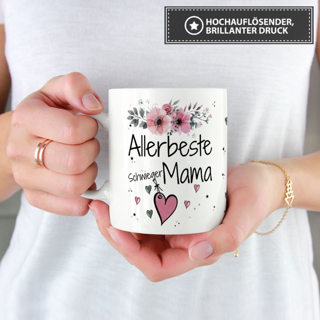 Tasse mit sch&ouml;nem Blumenmotiv - Allerbeste Schwiegermama - Wei&szlig;
