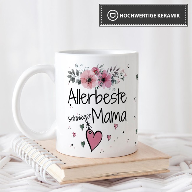 Tasse mit sch&ouml;nem Blumenmotiv - Allerbeste Schwiegermama - Wei&szlig;