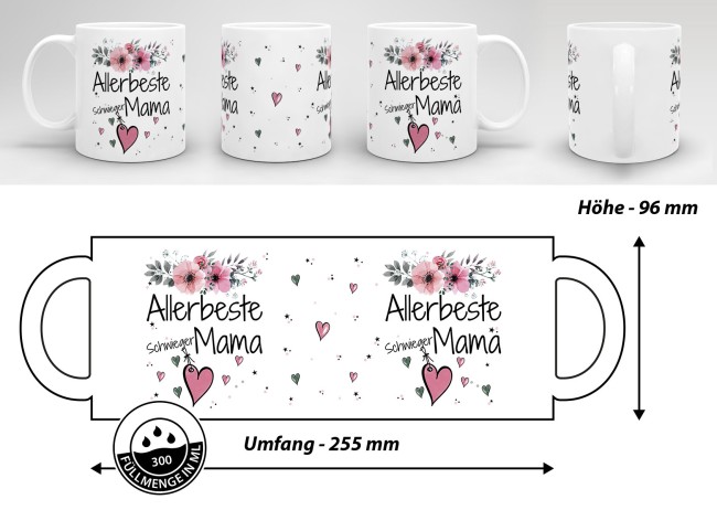 Tasse mit sch&ouml;nem Blumenmotiv - Allerbeste Schwiegermama - Wei&szlig;