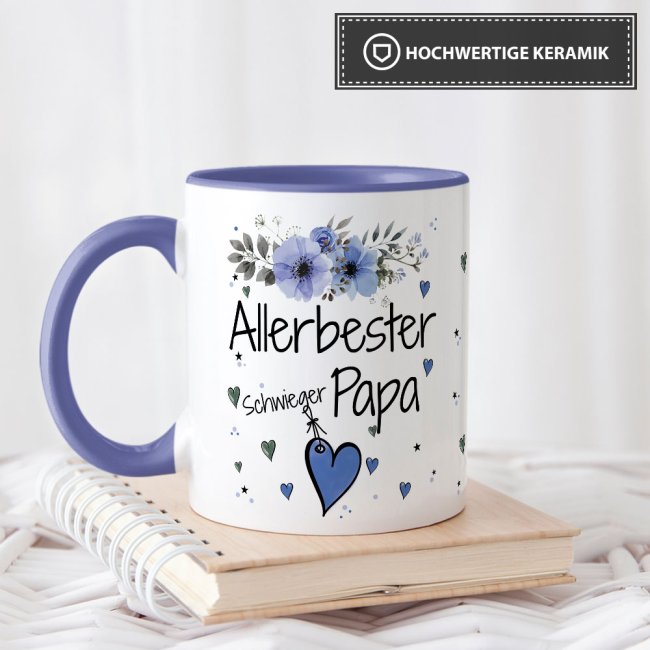 Tasse mit sch&ouml;nem Blumenmotiv - Allerbester Schwiegerpapa - Innen &amp; Henkel Cambridge Blau