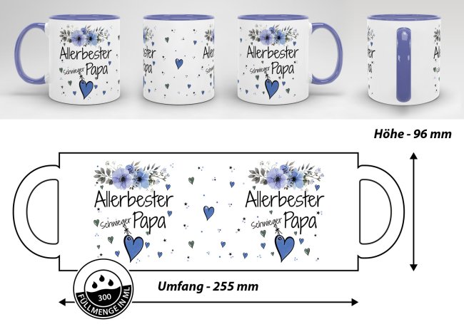 Tasse mit sch&ouml;nem Blumenmotiv - Allerbester Schwiegerpapa - Innen &amp; Henkel Cambridge Blau