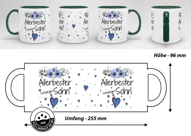 Tasse mit sch&ouml;nem Blumenmotiv - Allerbester Schwiegersohn - Innen &amp; Henkel Dunkelgr&uuml;n