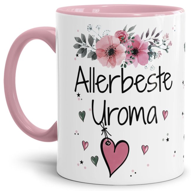 Tasse mit sch&ouml;nem Blumenmotiv - Allerbeste Uroma - Innen &amp; Henkel Rosa