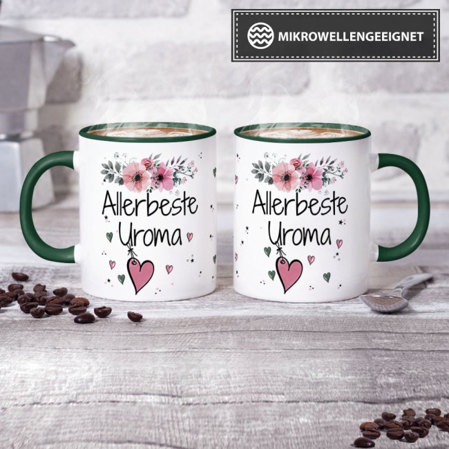 Tasse mit sch&ouml;nem Blumenmotiv - Allerbeste Uroma - Innen &amp; Henkel Dunkelgr&uuml;n