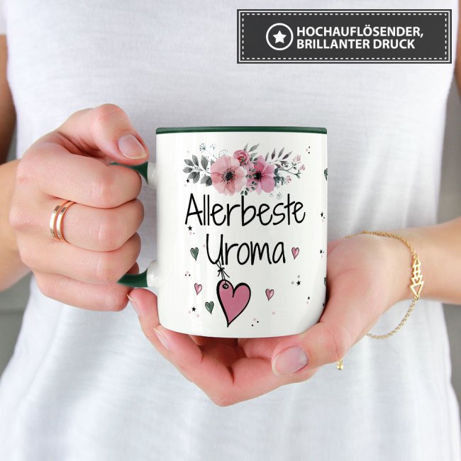 Tasse mit sch&ouml;nem Blumenmotiv - Allerbeste Uroma - Innen &amp; Henkel Dunkelgr&uuml;n