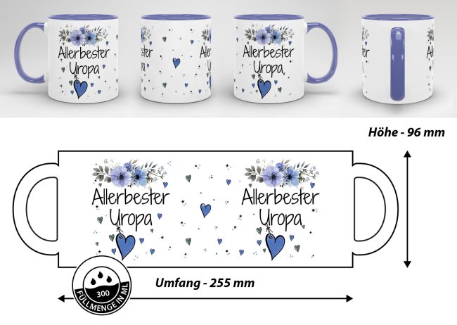 Tasse mit sch&ouml;nem Blumenmotiv - Allerbester Uropa - Innen &amp; Henkel Cambridge Blau