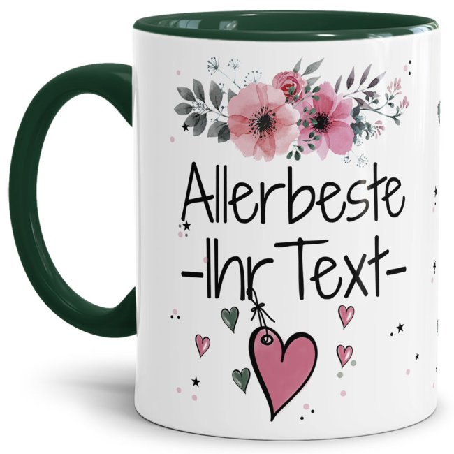 Tasse mit schönem Blumenmotiv - Allerbeste Ihr WUNSCHNAME rosa - Innen & Henkel Dunkelgrün