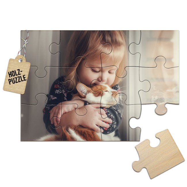 Holzpuzzle inkl. bedruckter Verpackung  - 4 Teile und 12 Teile