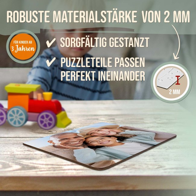 Holzpuzzle inkl. bedruckter Verpackung  - 4 Teile und 12 Teile
