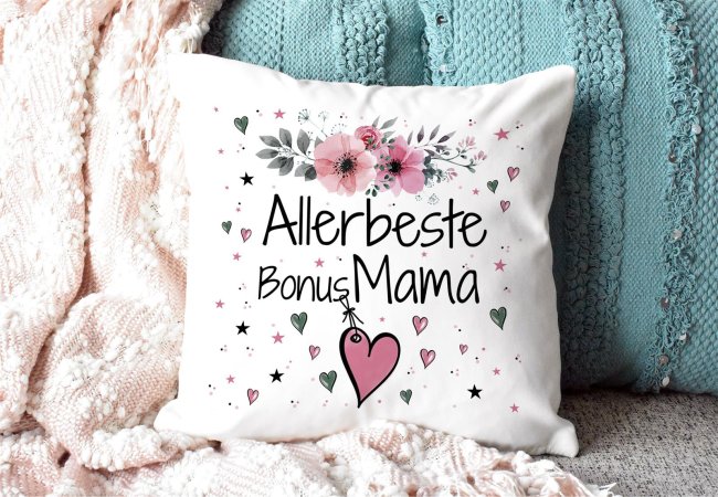 Kissen inkl. Kissenf&uuml;llung mit Spruch - Allerbeste Bonus Mama - Farbkissen R&uuml;ckseite Rosa