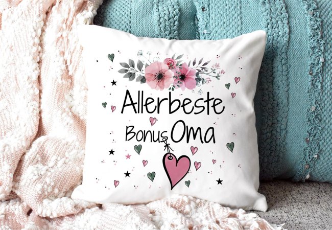 Kissen inkl. Kissenf&uuml;llung mit Spruch - Allerbeste Bonus Oma - Kissen Polyester - Wei&szlig;