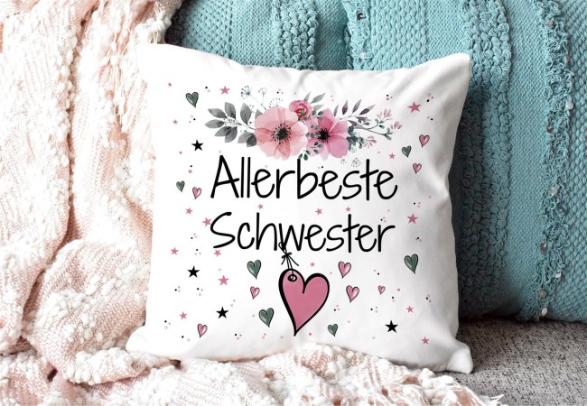 Kissen inkl. Kissenf&uuml;llung mit Spruch - Allerbeste Schwester - Farbkissen R&uuml;ckseite Rosa